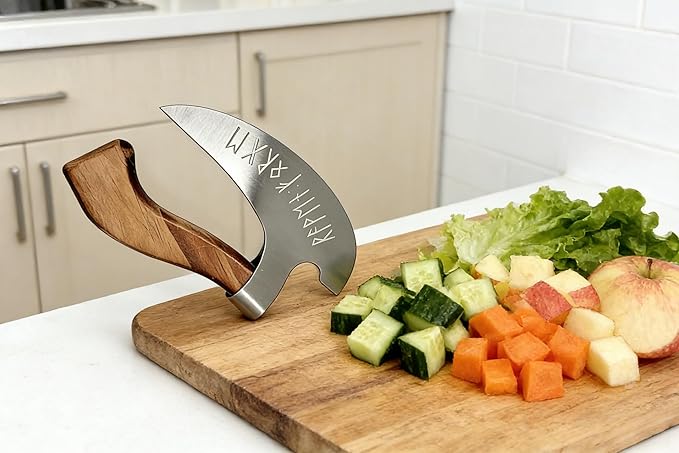 Pizza Cutter Chef Pizza Axe, Camping Knives Tools Pizza Cutter Mezzaluna Ulu Knife Viking Butcher Cleaver Super Steel Wooden Handle Sharp Rocker Slicer Stainless Steel Blade (walnut wood, 5.1inch)
