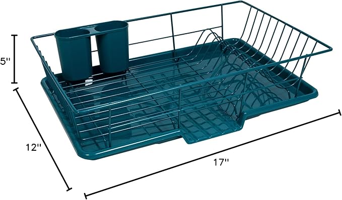 Sweet Home Collection Space-Saving 3-Piece Dish Drainer Rack Set: Efficient Kitchen Organizer for Quick Drying and Storage - Includes Cutlery Holder and Drainboard - Maximize Countertop Space, Teal