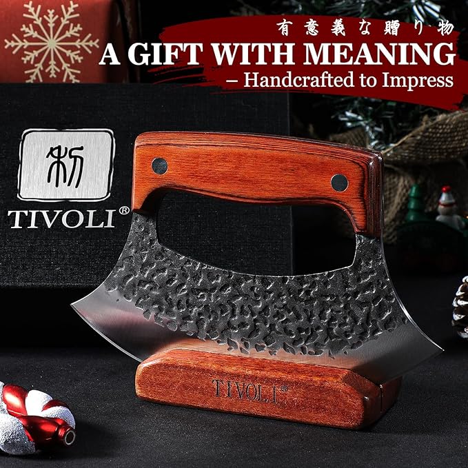 TIVOLI Ulu Knife with Wooden Stand – Full Tang High Carbon Steel, Japanese-Inspired Rocker Knife with Gift Box, Mezzaluna Knives & Pizza Cutter for Kitchen, Camping & BBQ, Unique Gift for Men