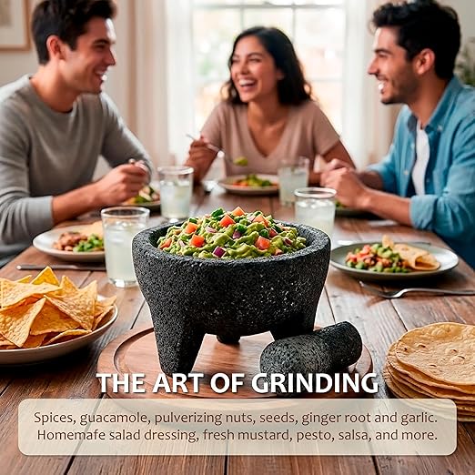 Molcajete 8 in Mexican, Handmade with Natural Volcanic Stone, Artisanal Kitchen Utensil for Grinding with Pores for Crushing, Specially Designed for Grinding Spices, Sauces, and Guacamole