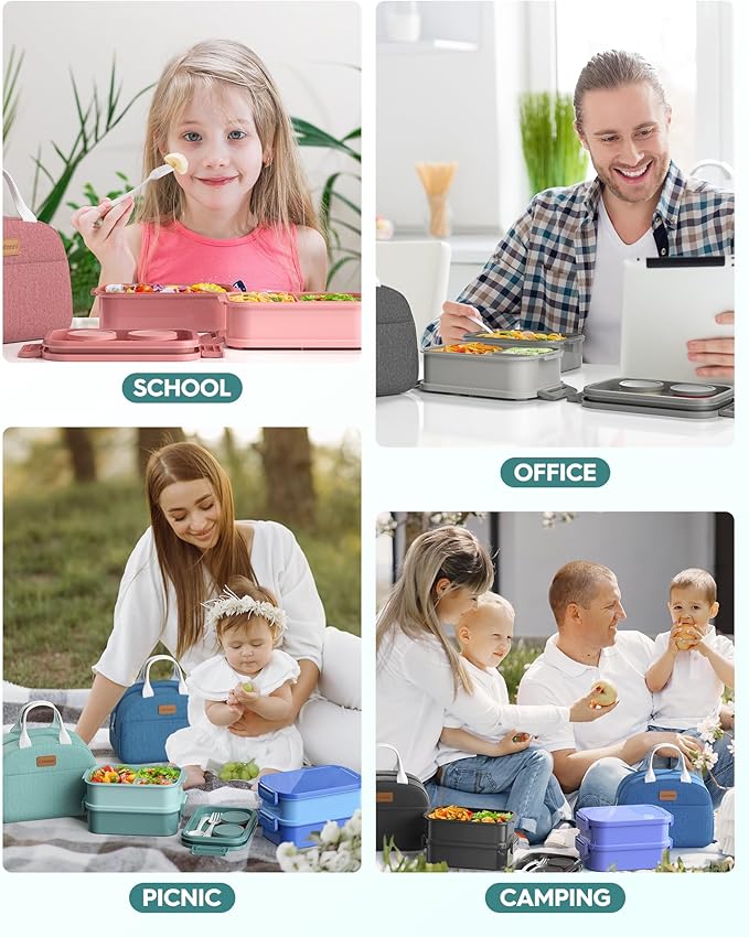 Adults Bento Box with Insulated Lunch Bag, 74oz Capacity 3 Stackable Leak-Proof Bento Box Built-In Utensil and Sauce, PFAS & BPA-Free, Microwave & Dishwasher Safe (Mint Green)