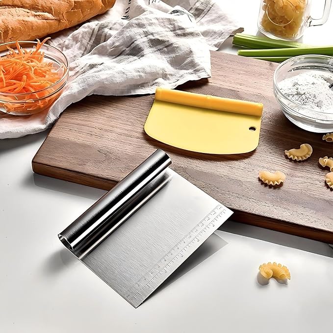 Dough Pastry Scraper Stainless Steel Bench Scraper with Measuring Scale Multipurpose for Butter, Cake, Onion, Vegetable, Pizza Cutter - Pastry Bread Separator