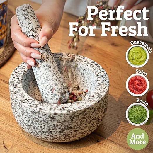 PriorityChef Heavy Duty Natural Granite Mortar and Pestle Set, 2 Cup, Carved from Natural Granite, Make Fresh Guacamole, Stone Grinder Bowl, Herb Crusher, Spice Grinder, White