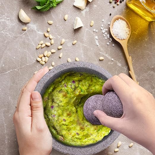 WhiteRhino Mortar and Pestle Set, 4 Cup Natural Unpolished Granite Molcajete Mexicano, 8-in Extra Large Guacamole Bowl, Motar Pestel Stone Grinder for Guacamole, Salsa, Spices, Herbs, Seasonings