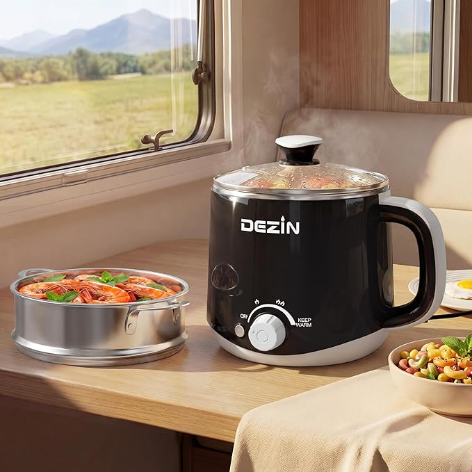 Dezin Hot Pot Electric with Steamer, Rapid Noodles Cooker, Stainless Steel Electric Pot 1.6 Liter, Perfect for Ramen, Egg, Dumpling, Soup, Oatmeal with Temperature Control and Keep Warm Function