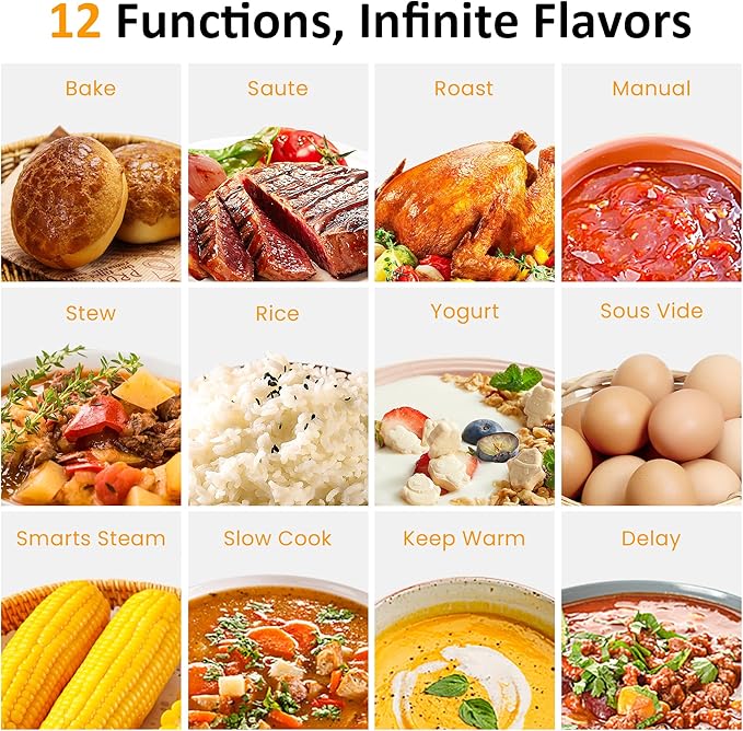 Sunvivi Programmable 8 Quart Slow Cooker, 12 in 1 Multi-Cooker Food Warmer with Digital Timer, Temp Control, Removable Cast Aluminum Pot & Dishwasher-Safe Tempered Glass Lid, Stainless Steel