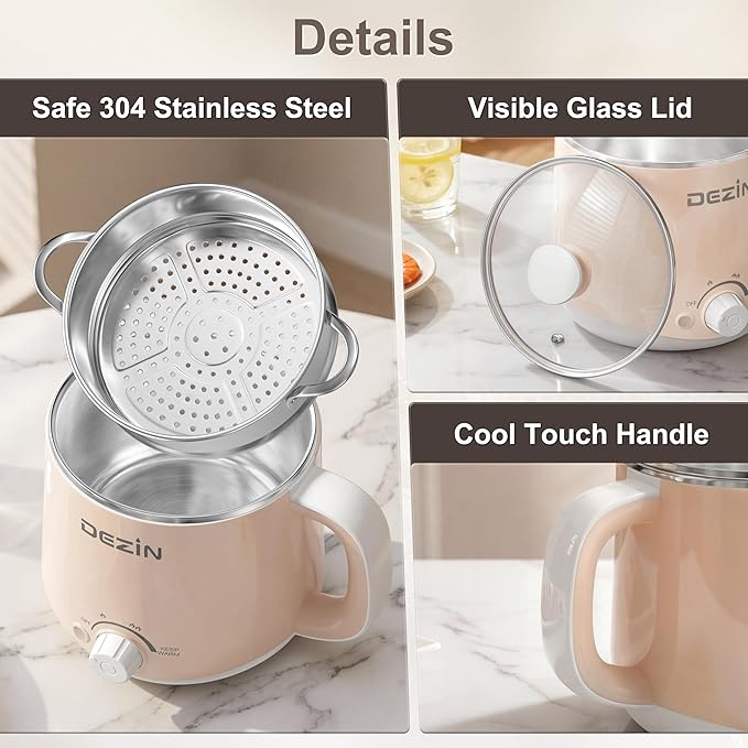 Dezin Hot Pot Electric with Steamer, Rapid Noodles Cooker, Stainless Steel Electric Pot 1.6 Liter, Perfect for Ramen, Egg, Dumpling, Soup, Oatmeal with Temperature Control and Keep Warm Function