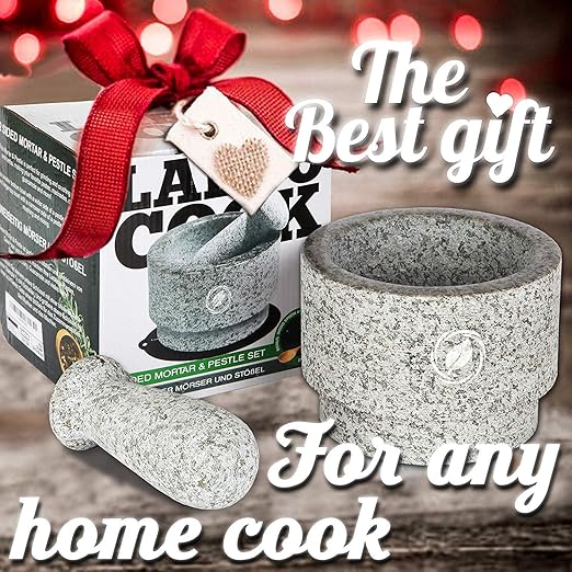Laevo Mortar and Pestle Set (Large) - Stone Spice Grinder - Grinding Bowl and Pestle - Reversible Molcajete Mexicano - Large Mortar and Pestles Set for Guacamole, Spices - 2.1 Cup, Gray Granite