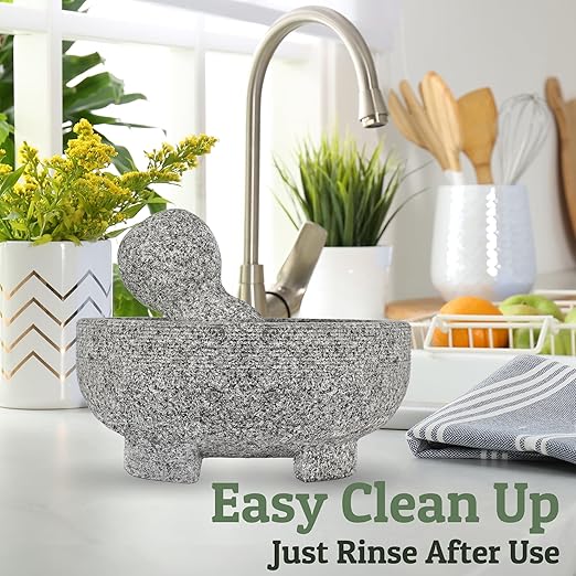 PriorityChef Granite Mortar and Pestle Set - 8 Inch Natural Stone Molcajete Mexicano for Spices, Seasonings, Pastes - Pestle and Mortar Bowl for Fresh Guacamole, Salsa, Pesto, Large, Grey