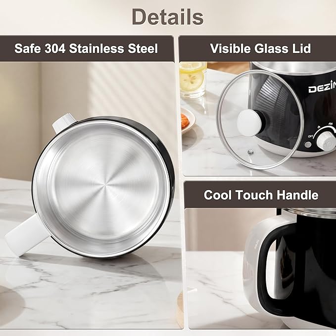 Dezin Hot Pot Electric, Rapid Noodles Cooker, Stainless Steel Electric Pot 1.6 Liter, Perfect for Ramen, Egg, Pasta, Dumpling, Soup, Porridge, Oatmeal with Temperature Control and Keep Warm Function