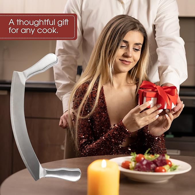 Stainless Steel Mezzaluna Knife with Cover – 12 In. Curved Blade with Solid Steel Handles & Mezzaluna Sheath – Pizza Cutter Rocker, Rocker Knife Veggie Cutter, Salad Chopper, & Herb Cutter