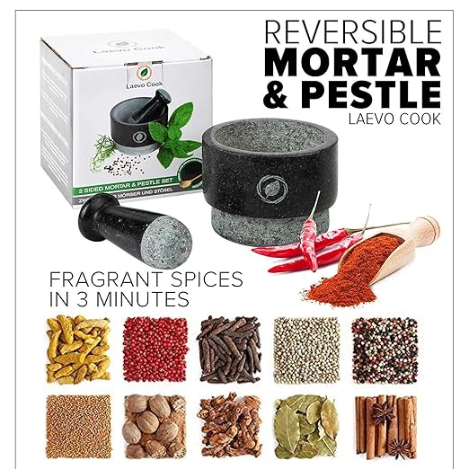 Laevo Mortar and Pestle Large Set - Black Granite Stone Spice Grinder, 2.1 Cup Capacity, 5.5 Inches - Reversible Molcajete Mexicano - Guacamole, Spices - Large Mortar and Pestles Set