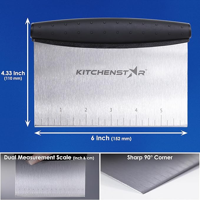 KitchenStar 6-inch Bench Dough Pastry Scraper with Measurement Markings & Ergonomic Handle - Multipurpose Sharp Cutter Tool for Bread, Pizza & Vegetables - Stainless Steel Bench Knife, Dishwasher Safe