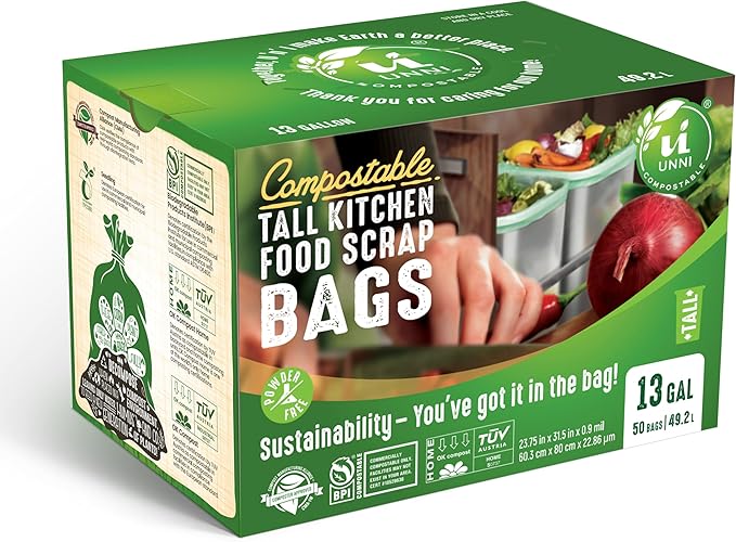 UNNI Compostable Trash Bags, 13 Gallon / 49.2 Liter, 100 Count, Extra Thick 0.9 Mil Tall Kitchen Food Scrap Bin Liners, Certified by BPI, CMA & OK compost HOME, Meets the ASTM D6400 Standard