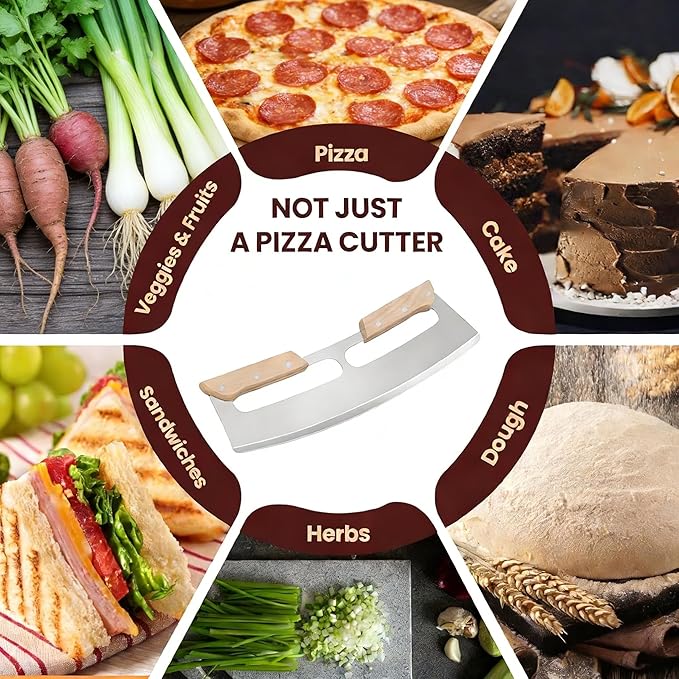 Pizza Cutter Chef pizza slicer Cutter Rocker Blade with Wooden Handle Super Steel Sharp Rocker Slicer Stainless Steel Blade (natural wood color, Rocker Knife)