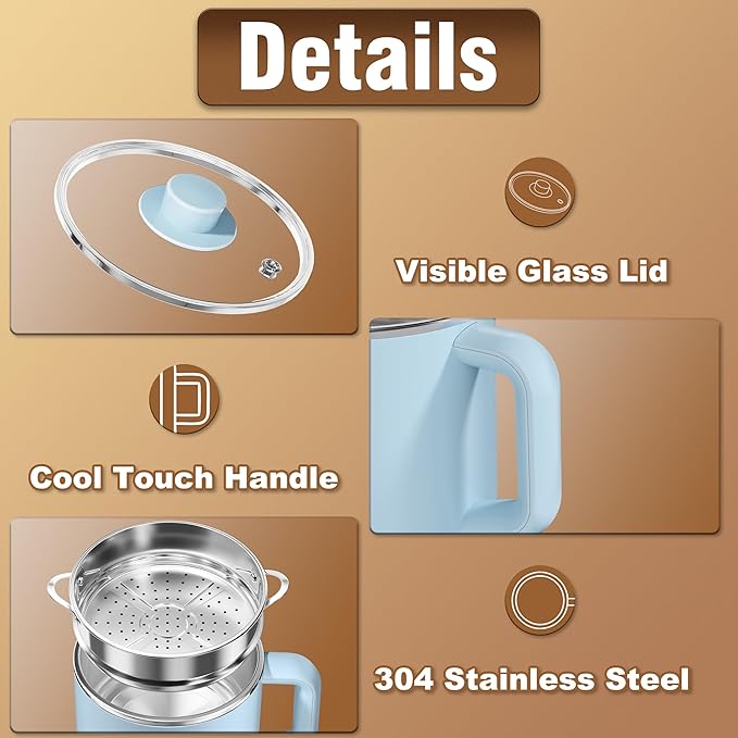 Topwit Hot Pot Electric with Steamer, 1.6L Ramen Cooker, Electric Pot for Pasta, Shabu-Shabu, Oatmeal, Soup and Egg, Portable Cooker with Dual Power Control, Dorm Room Essentials, Blue