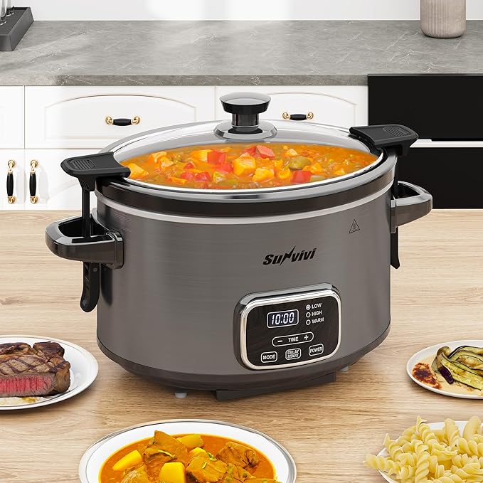 Sunvivi 4QT Slow Cooker, Programmable Pot with Locking Lid, Removable Ceramic Pot, 3 Heating Settings & Time Control,Dishwasher-safe Lid, Grey