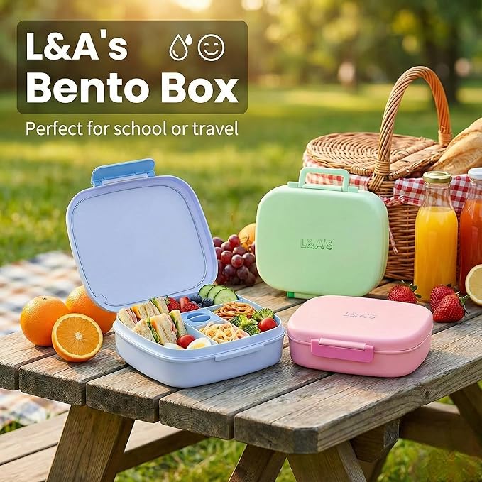 L&A's Bento Lunch Box for Kids and Adults - Leakproof 5-Compartment Lightweight Food Container, Large Capacity Meal Prep for School and Work, BPA-Free, Microwave & Dishwasher Safe (Blue)