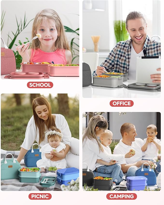 Adults Bento Box with Insulated Lunch Bag, 74oz Capacity 3 Stackable Leak-Proof Bento Box Built-In Utensil and Sauce, PFAS & BPA-Free, Microwave & Dishwasher Safe (Rose Pink)