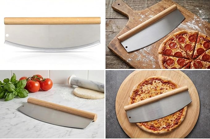 14-Inch Stainless Steel Professional Pizza Rocker Knife, Wood Handle Blade Cutter with Comfort Cover, Commercial Grade Pizza Slicer