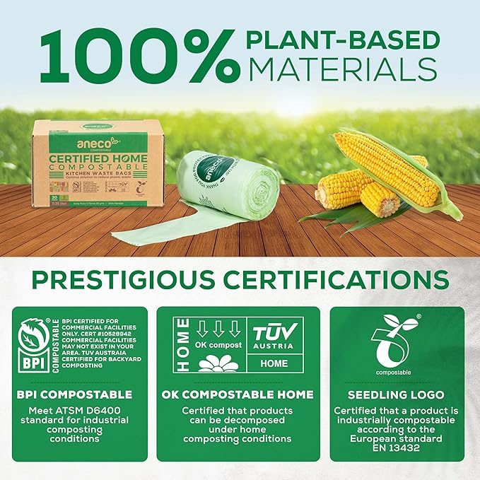 ANECO Compostable Food Waste Bags 3 Gallon With Handles (30 Count), Extra Strong Compost Bags for Kitchen Countertop Bin - BPI & OK Compost HOME Certified Small Garbage Bags With Handles