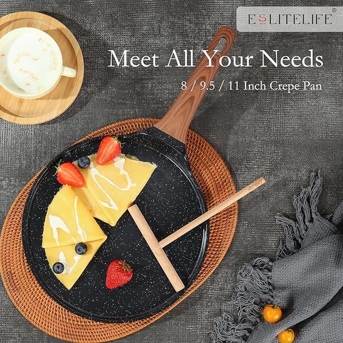 ESLITE LIFE Nonstick Crepe Pan Set with Spreader, 9.5 & 11 Inch Granite Coating Flat Skillet Dosa Tawa Comales Para Tortillas Pancake Pan, PTFE & PFOA Free, Black