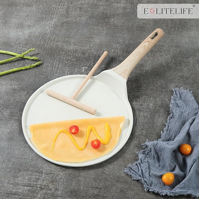 ESLITE LIFE 9.5 Inch Crepe Pan with Spreader, Nonstick Ceramic Coating Dosa Pan, Roti Tawa Comal Para Tortillas Pancake Griddle Pan, Induction Compatible, PTFE & PFOA Free, White