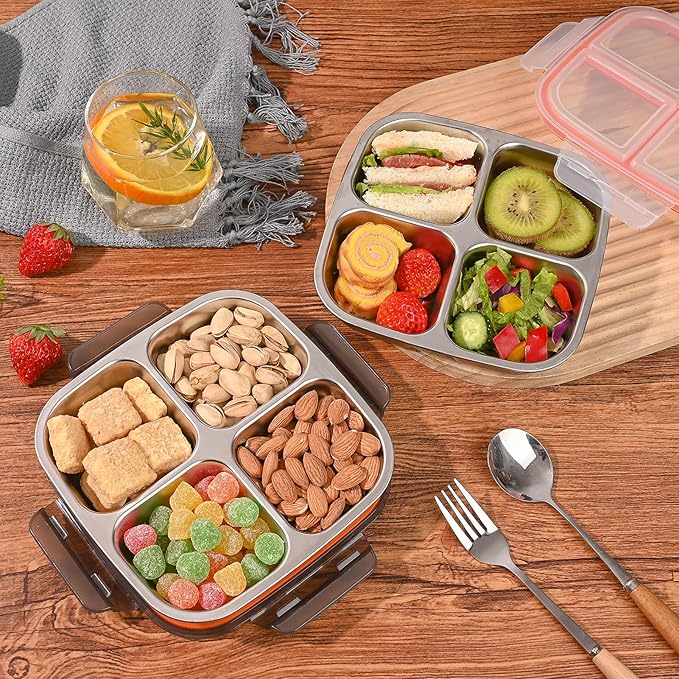 4 Pack Stainless Steel Snack Containers with Airtight Lids, 4 Compartment Food Storage Containers, Reusable Metal Meal Prep Lunch Boxes, Dishwasher Safe, Divided Plates for Adults