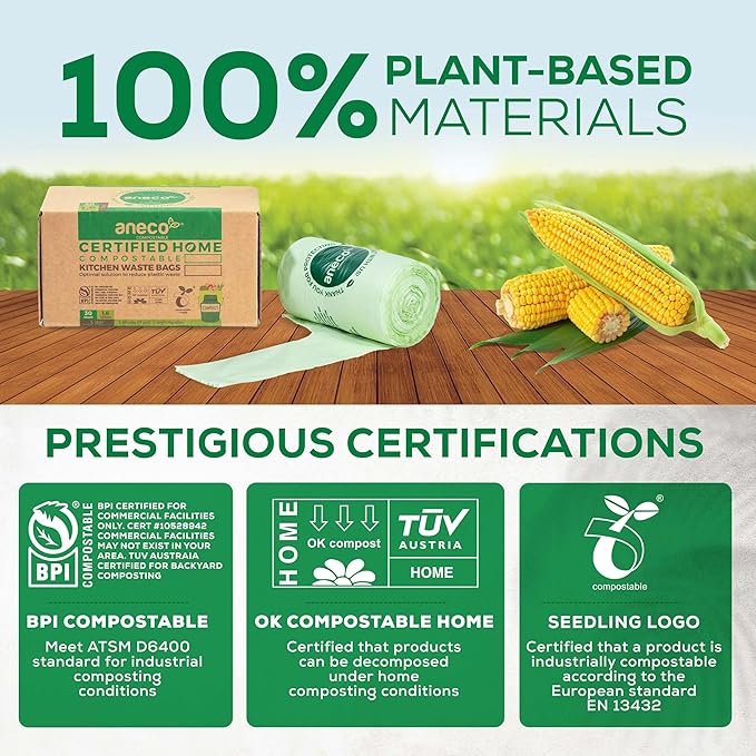 ANECO 100% Compostable Food Waste Bags 1.6 Gallon With Handles (30 Count), Small Compost Bags for Countertop Bin, OK Compost HOME & BPI Certified Compostable Kitchen Food Waste Bags