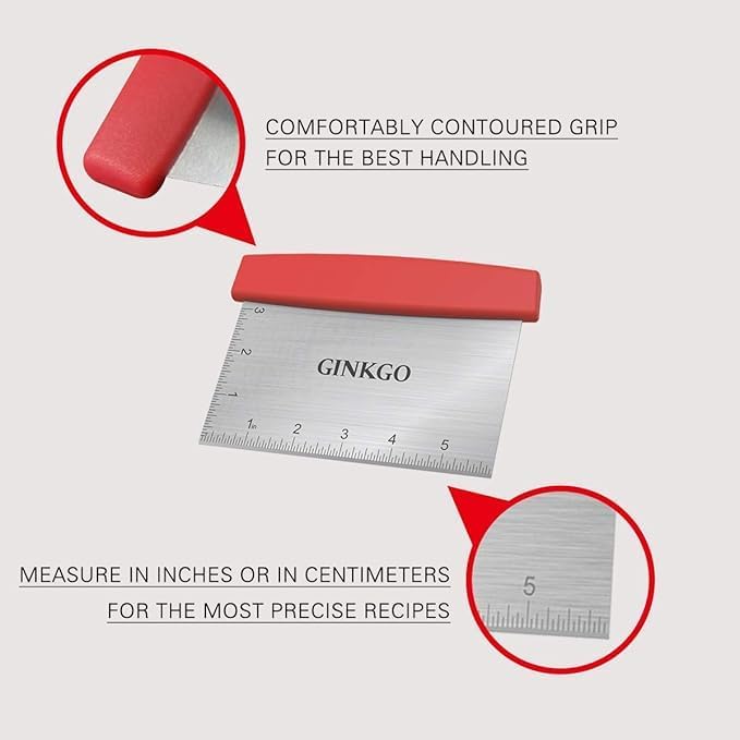 GINKGO Bench Dough Scraper Chopper Stainless Steel Kitchen Utensil Multipurpose Pastry/Food Cutter Scraper Tool for Cake, Pizza, Bread, BBQ - Red