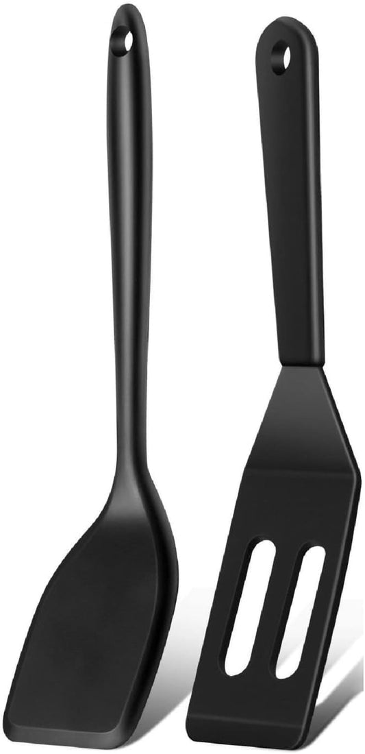 Mini Serving Spatula 2pcs set, Silicone Serve Turner Heat-Resistant Cookie Slotted Spatula, For Kitchen Cooking. (Black)