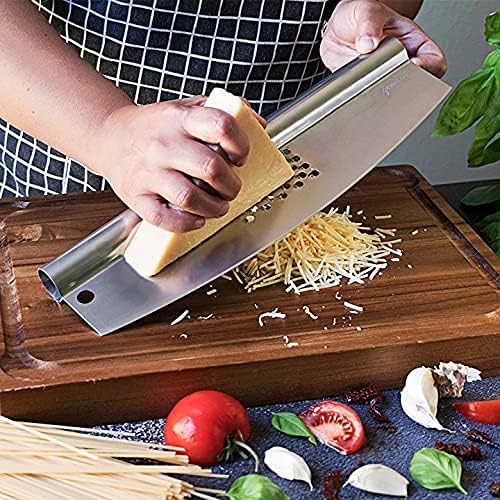 gemiknife Pizza Cutter Plus. Premium 14” Sharp Rocker Slicer + Built In Cheese Grater. Thick & Sturdy Stainless Steel Blade + Centered Handle + Protective Knife Cover + Dishwasher Safe.