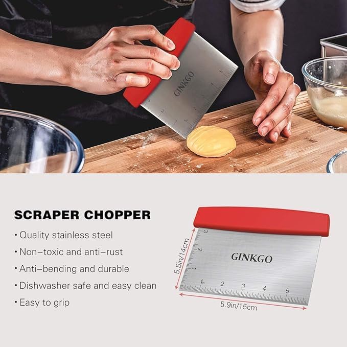 GINKGO Bench Dough Scraper Chopper Stainless Steel Kitchen Utensil Multipurpose Pastry/Food Cutter Scraper Tool for Cake, Pizza, Bread, BBQ - Red