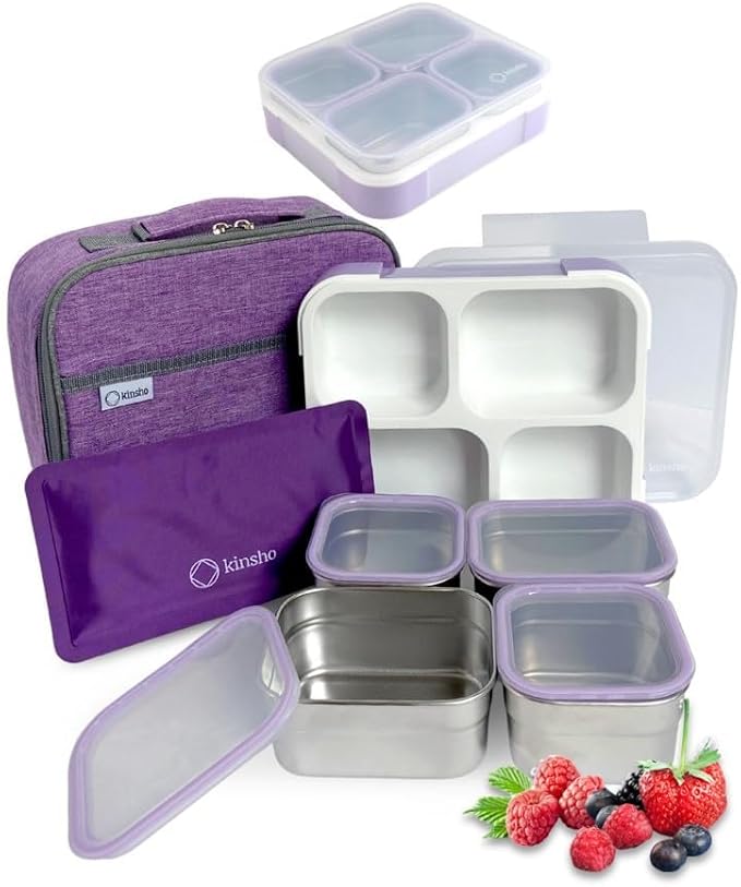 kinsho Stainless Steel Bento Lunch Box Set for Adults, Kids - Insulated Bag and Ice Pack - Leak-Proof Metal Compartment Meal Prep Food & Snack Containers for Work Travel School Daycare, 36 oz Purple