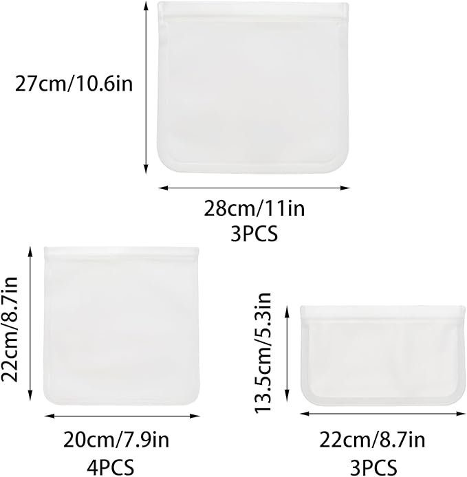 10 Pack Reusable Food Storage Bags, Leakproof Reusable Freezer Bags, 3 Sizes Silicone Food Storage Containers for Sandwich, Snack, Vegetable, Fruit or Meat (Clear)