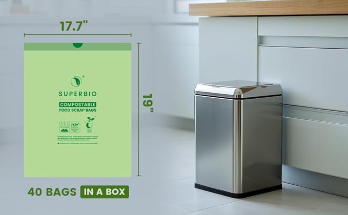 SUPERBIO 4 Gallon Compostable Drawstring Food Scrap Bags,15.1 Liter, 40 Count, 0.9 Mil,Heavy Duty Waste Bags, BPI, Seedling and OK compost INDUSTRIAL