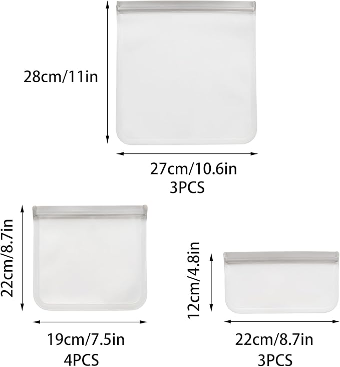 10 Pack Reusable Food Storage Bags, Leakproof Reusable Freezer Bags, 3 Sizes Silicone Food Storage Containers for Sandwich, Snack, Vegetable, Fruit or Meat (Grey)