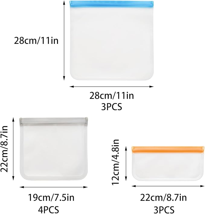 10 Pack Reusable Food Storage Bags, Leakproof Reusable Freezer Bags, 3 Sizes Silicone Food Storage Containers for Sandwich, Snack, Vegetable, Fruit or Meat (Multicolor)