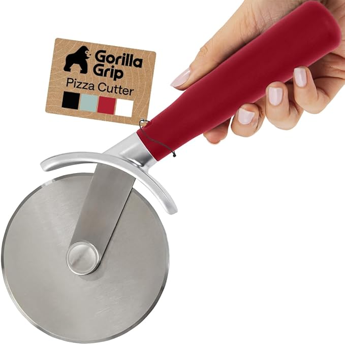 GORILLA GRIP BPA-Free Large Pizza Cutter Wheel, 9 Inch, Sharp Stainless Steel Blade, Slip Resistant Handle with Thumb Guard Protection, Slice Thick or Thin Pizzas, Pie, Pastries in Seconds, Red