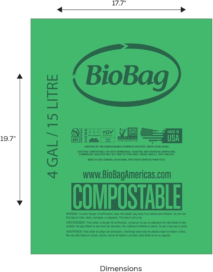 4 Gallon Compostable Trash Bags by BioBag, 75 Count, BPI Certified, Meets ASTM D6400 Standards, Made in USA, Small Kitchen & Bathroom Liners