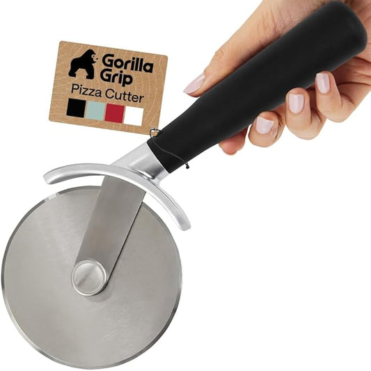 GORILLA GRIP BPA-Free Large Pizza Cutter Wheel, 9 Inch, Sharp Stainless Steel Blade, Slip Resistant Handle with Thumb Guard Protection, Slice Thick or Thin Pizzas, Pie, Pastries in Seconds, Black