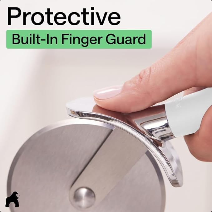 GORILLA GRIP BPA-Free Large Pizza Cutter Wheel, 9 Inch, Sharp Stainless Steel Blade, Slip Resistant Handle with Thumb Guard Protection, Slice Thick or Thin Pizzas, Pie, Pastries in Seconds, White