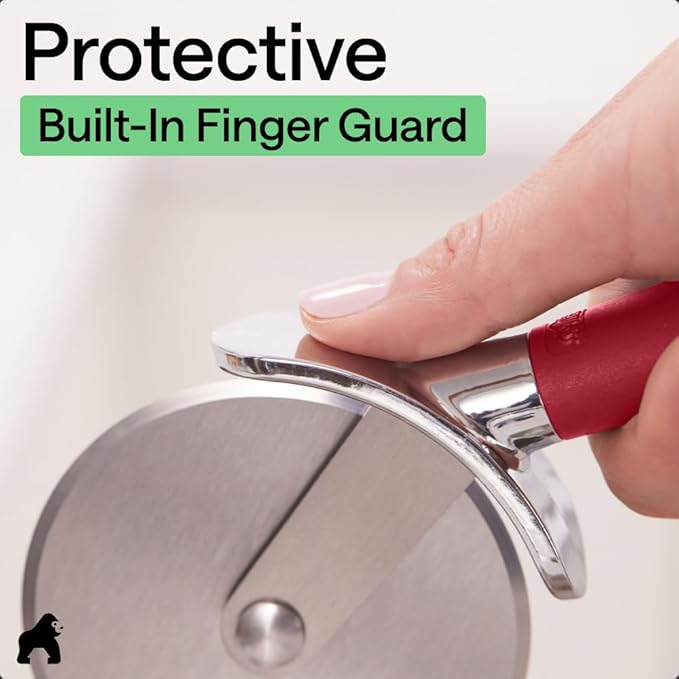 GORILLA GRIP BPA-Free Large Pizza Cutter Wheel, 9 Inch, Sharp Stainless Steel Blade, Slip Resistant Handle with Thumb Guard Protection, Slice Thick or Thin Pizzas, Pie, Pastries in Seconds, Red
