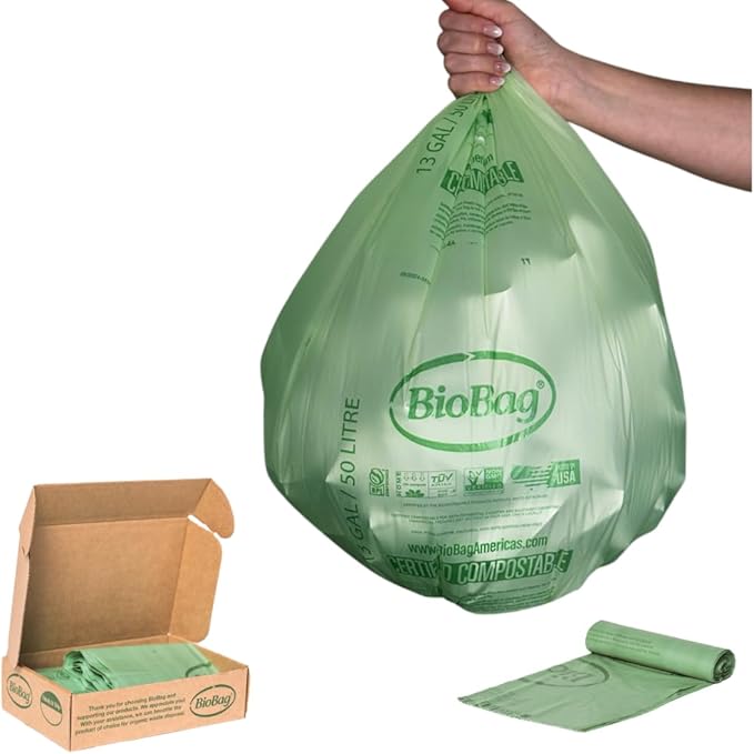13 Gallon Tall Compostable Thick Trash Bags by BioBag, 30 Count, BPI Certified, Meets ASTM D6400 Standards, Made in USA, Strong Kitchen Bin Liners