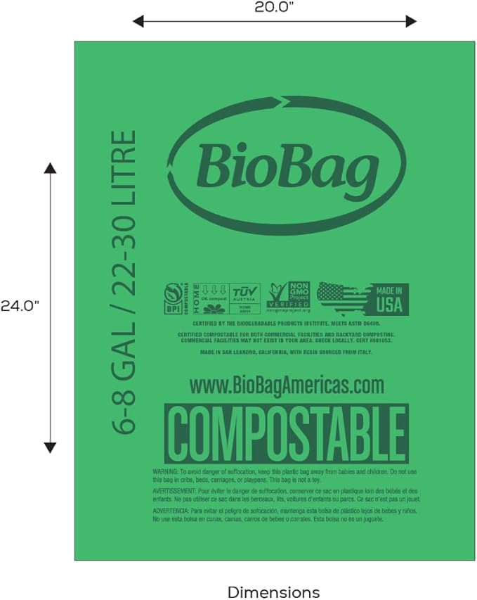 6-8 Gallon Compostable Trash Bags by BioBag, 45 Count, BPI Certified, Meets ASTM D6400 Standards, Made in USA, Medium Kitchen Bin Liners