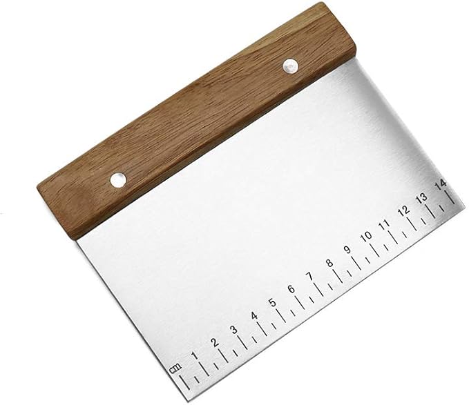 Stainless Steel Pastry Scraper - Dough Bench Scraper Bread Cutter Chopper with Non-Slip Wooden Handle and Measuring Scales for Kitchen
