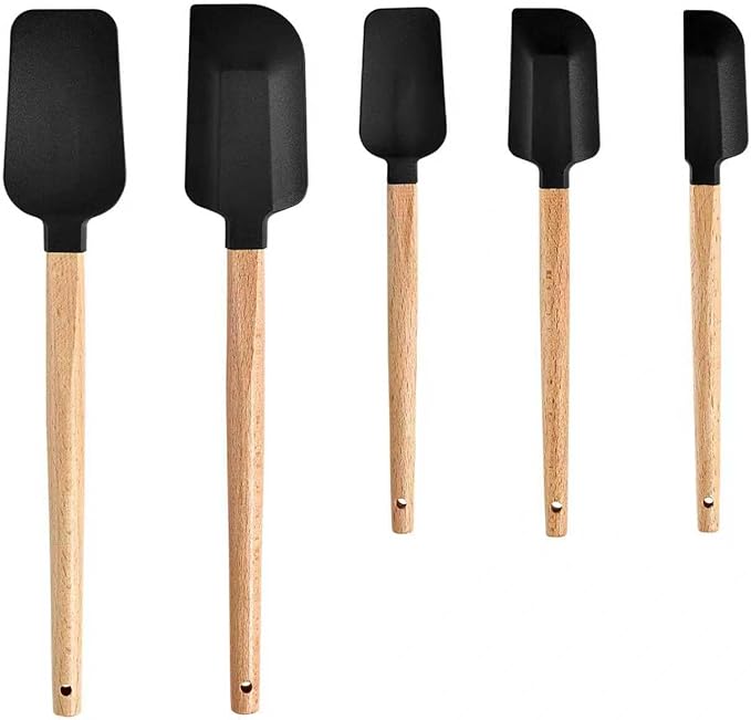 Black Silicone Spatula Set, Food Grade Rubber Spatula-5 Piece Nonstick Rubber Spatulas, Spoonula, Jar Scraper for Cooking, Baking, Mixing, Frosting