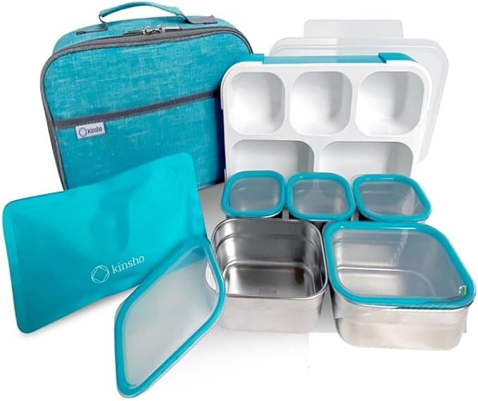 Stainless Steel Kids Bento Lunch-Box with Lunch Bag Ice Pack for Toddler Kids Adult, Leak-Proof School Lunch Container Boxes, Snack Food Containers for Daycare, 5 Compartment Snackle-Box 34 oz Blue