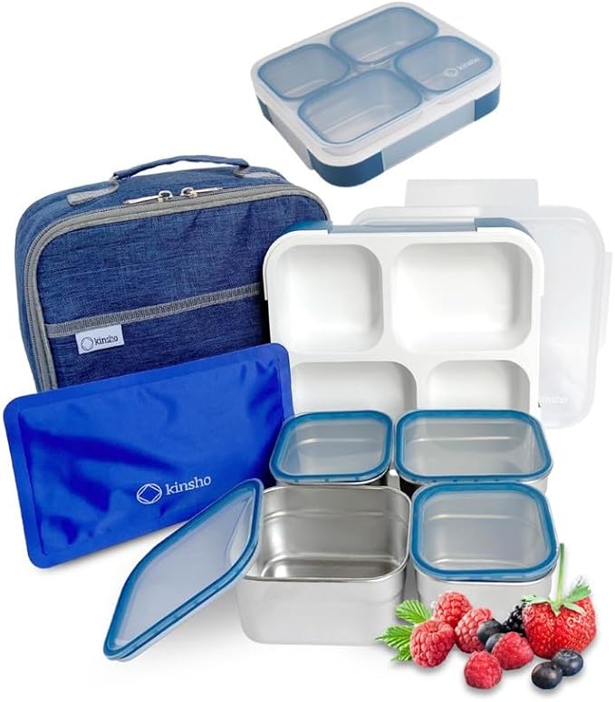 Stainless Steel Bento Lunch Box Set for Adults, Kids - Insulated Bag and Ice Pack - Leak-Proof Metal Compartment Meal Prep Food & Snack Containers for Work Travel School Daycare, 36 oz Navy Blue