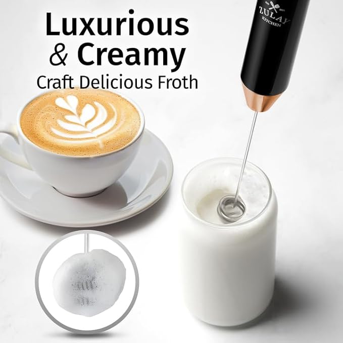 Zulay Kitchen Rechargeable Milk Frother Handheld - Lux 4 Whisks, Powerful 2-Speed Motor, Waterproof, 2000mAh Battery - Drink Mixer for Latte, Cappuccino, Matcha & Protein Powder - Jet Black Copper